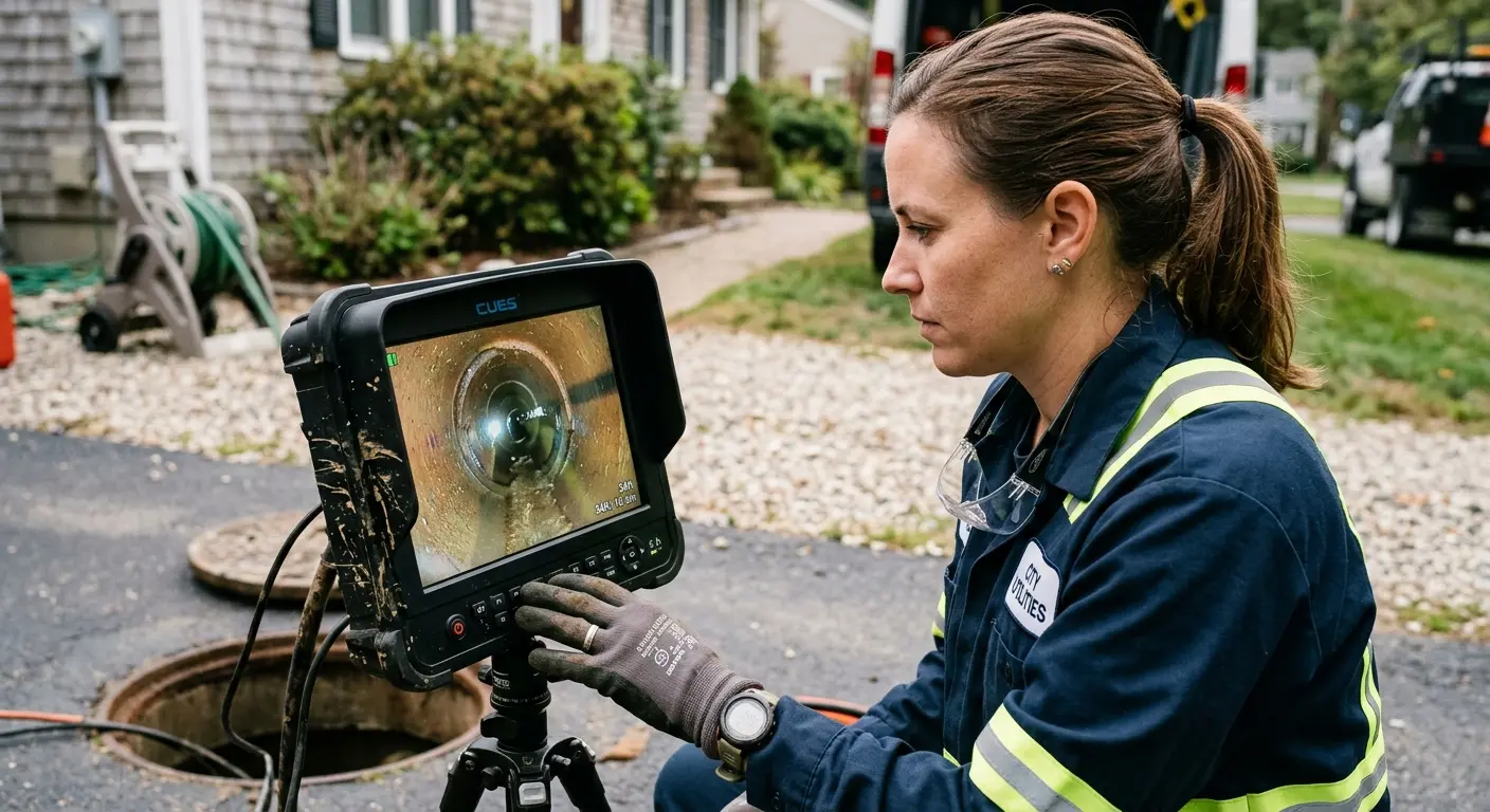 Technician reviewing sewer camera inspection footage in Benner