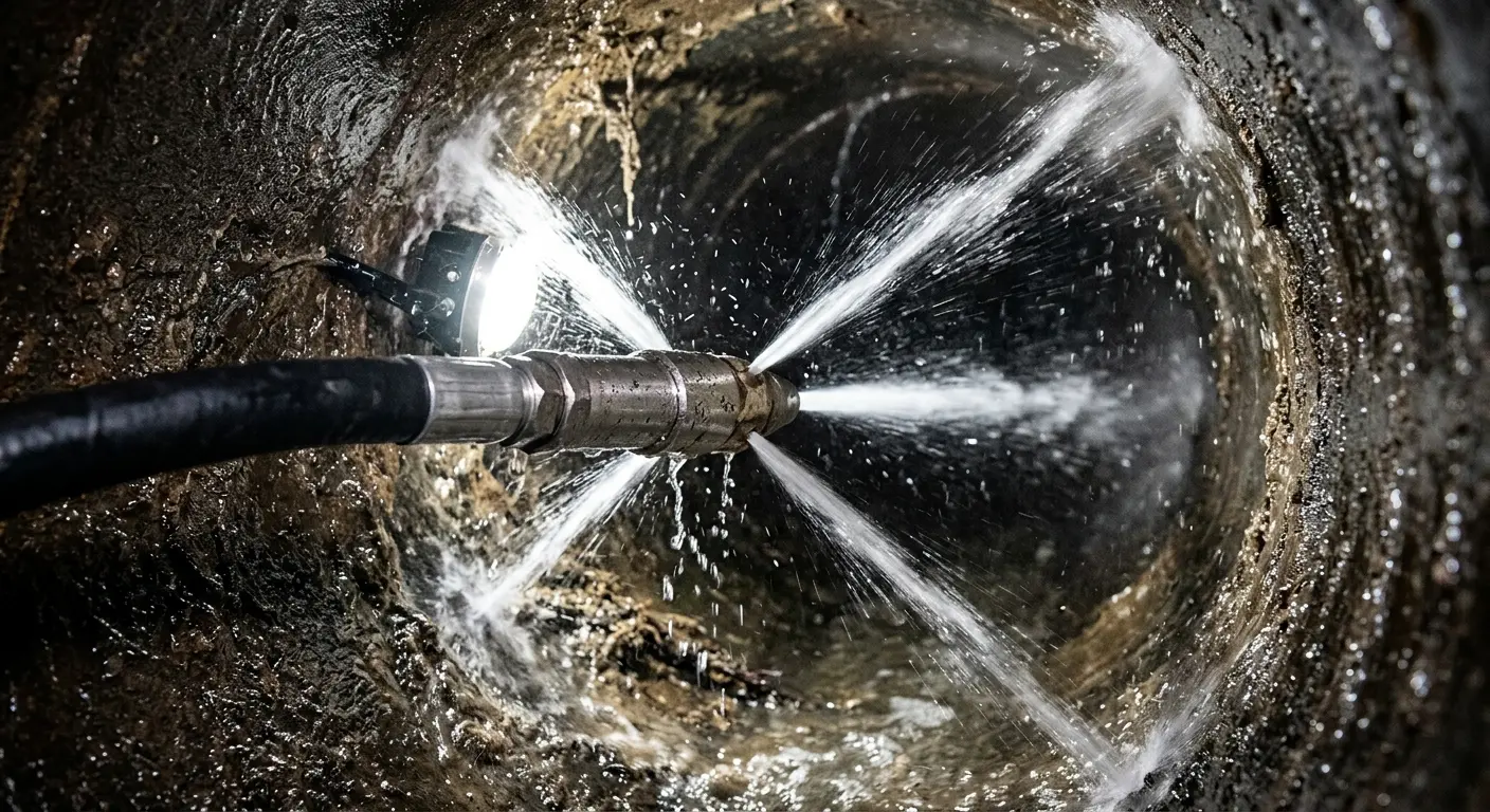 High-pressure hydro jetting nozzle cleaning sewer pipe for Trenchless Sewer Repair in Benner