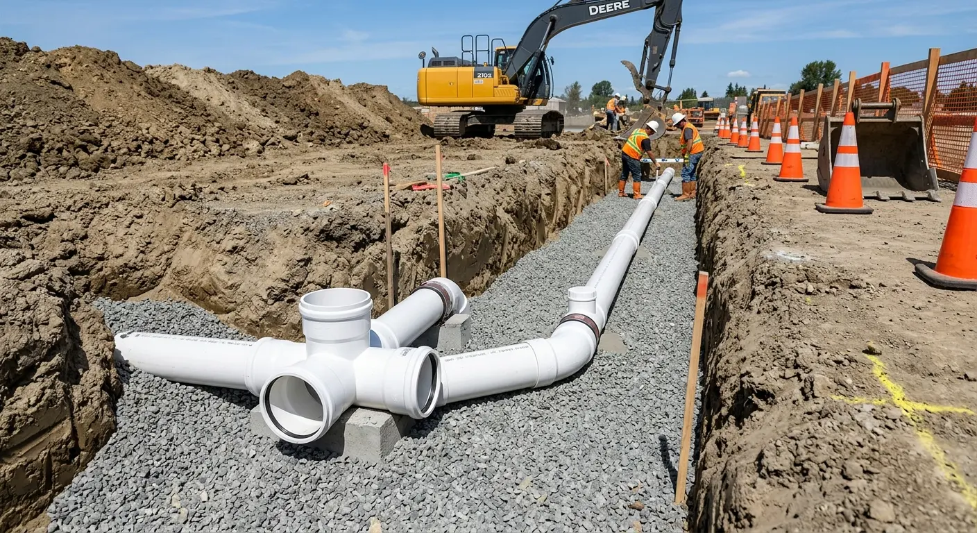 New PVC sewer pipe installation in open trench for Grease Trap Cleaning in Benner