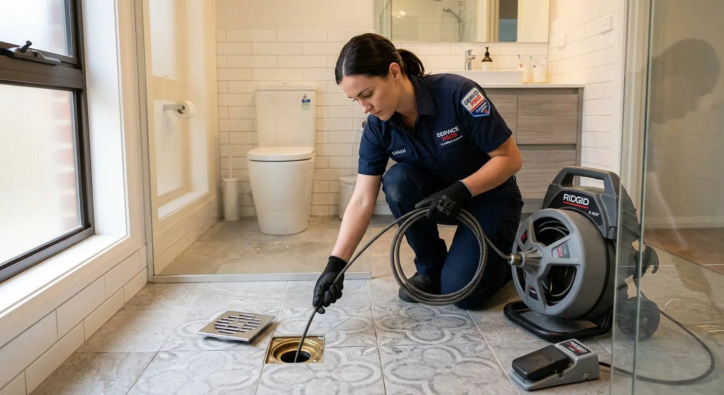 Technician clearing a bathroom floor drain for Sewer Line Replacement in Benner